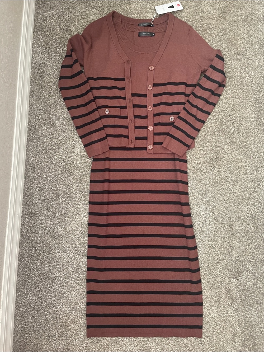 Zesica Rust and Black Striped Knit Midi Dress with Matching Cardigan